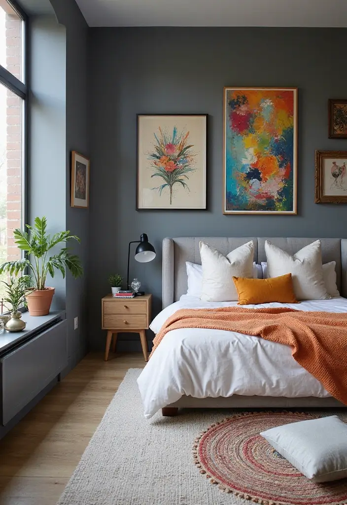 30 Grey Bedroom Ideas with Pop of Color for Modern Homes 14 30 Grey Bedroom Ideas with Pop of Color for Modern Homes - 14. Colorful Artwork