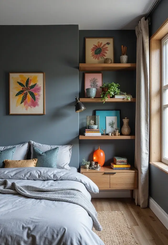 30 Grey Bedroom Ideas with Pop of Color for Modern Homes 19 30 Grey Bedroom Ideas with Pop of Color for Modern Homes - 19. Creative Shelving