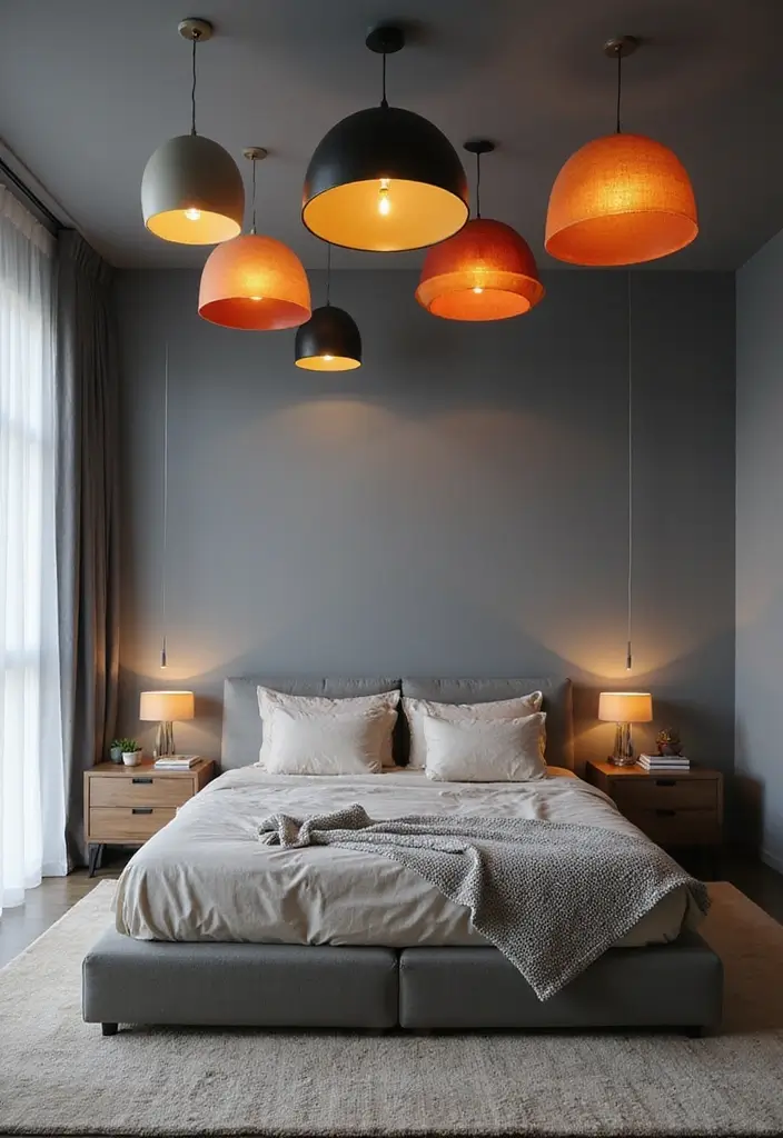 30 Grey Bedroom Ideas with Pop of Color for Modern Homes 28 30 Grey Bedroom Ideas with Pop of Color for Modern Homes - 28. Colorful Ceiling Light Fixtures