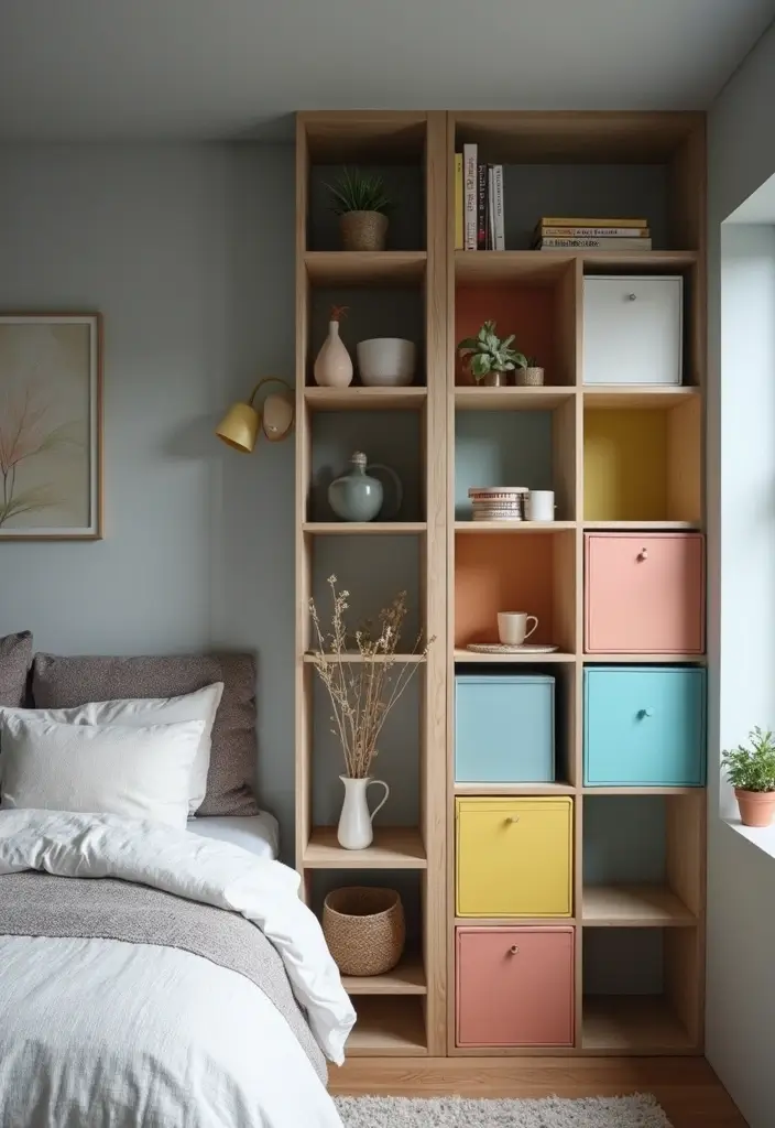 30 Grey Bedroom Ideas with Pop of Color for Modern Homes 29 30 Grey Bedroom Ideas with Pop of Color for Modern Homes - 29. Colorful Storage Solutions