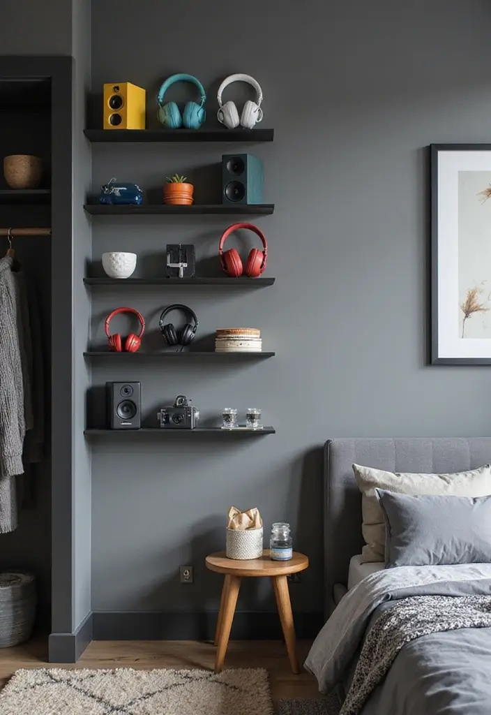 30 Grey Bedroom Ideas with Pop of Color for Modern Homes 30 30 Grey Bedroom Ideas with Pop of Color for Modern Homes - 30. Colorful Tech Accessories