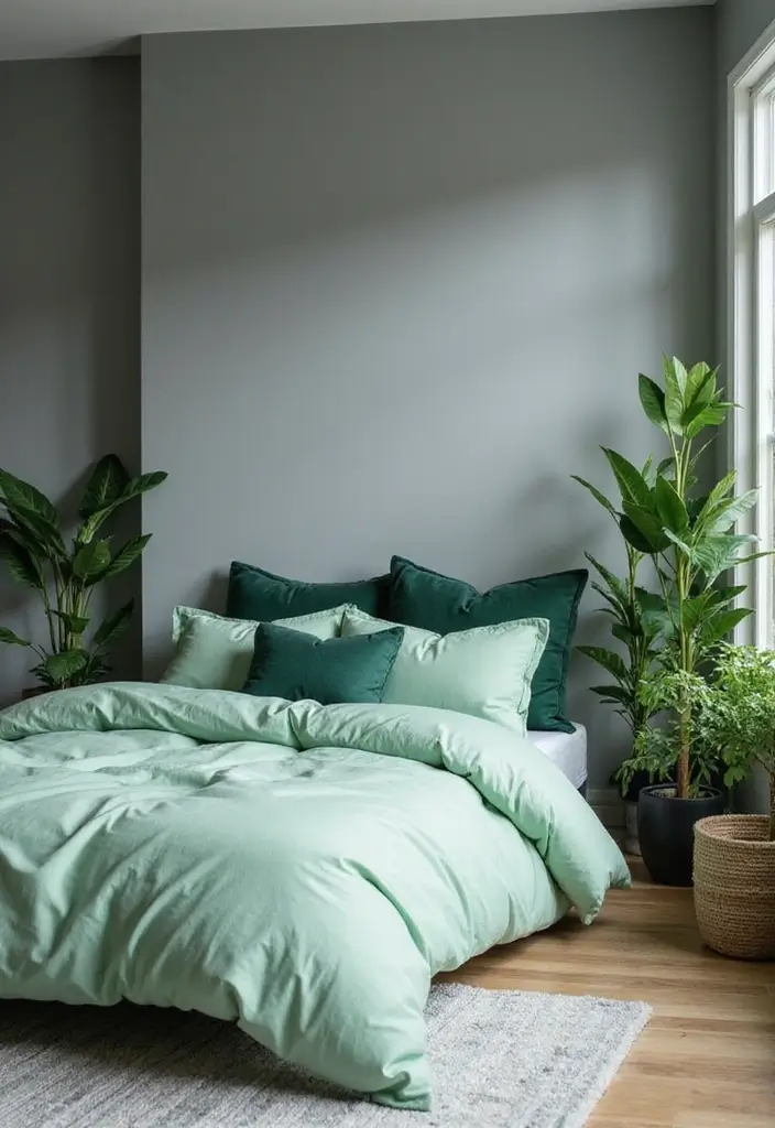 30 Grey Bedroom Ideas with Pop of Color for Modern Homes 4 30 Grey Bedroom Ideas with Pop of Color for Modern Homes - 4. Earthy Greens