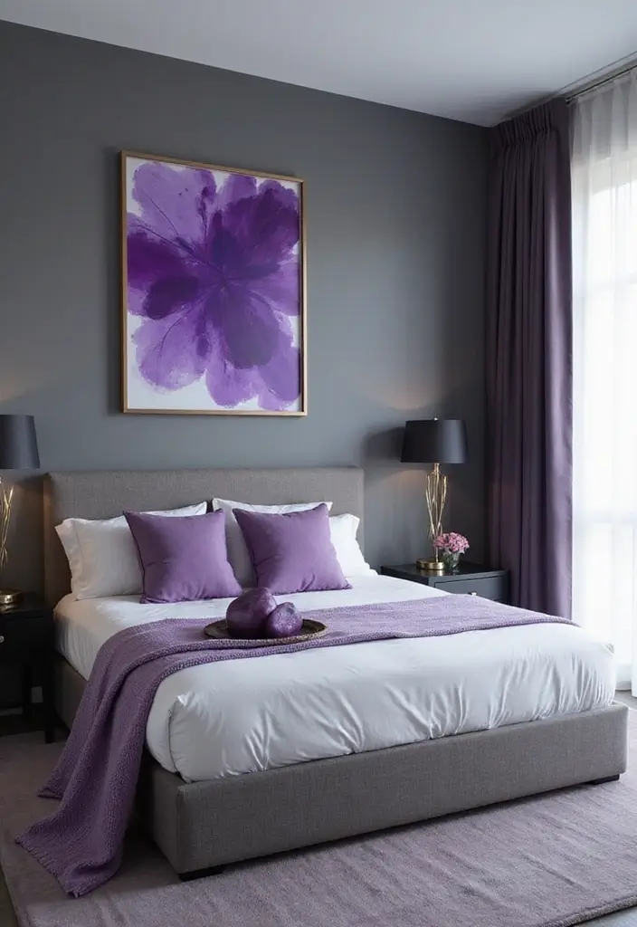 30 Grey Bedroom Ideas with Pop of Color for Modern Homes 5 30 Grey Bedroom Ideas with Pop of Color for Modern Homes - 5. Playful Purple Accents
