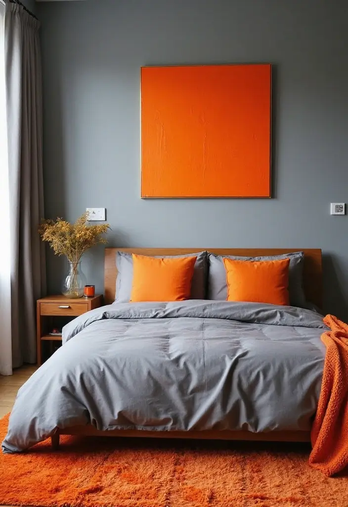 30 Grey Bedroom Ideas with Pop of Color for Modern Homes 6 30 Grey Bedroom Ideas with Pop of Color for Modern Homes - 6. Orange Accents for Energy