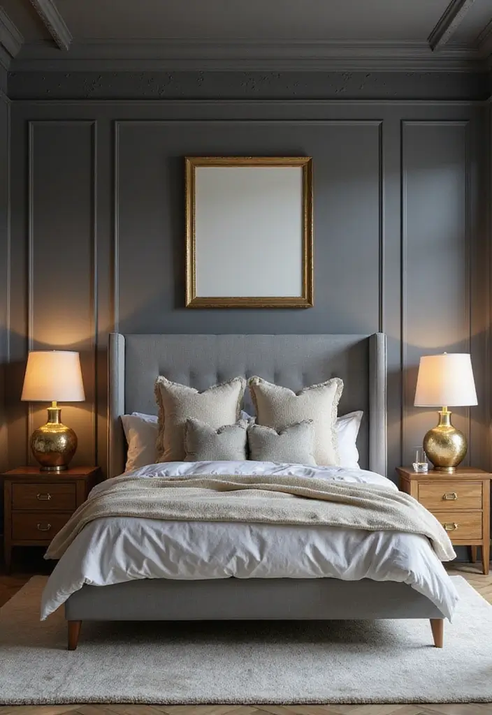 30 Grey Bedroom Ideas with Pop of Color for Modern Homes 8 30 Grey Bedroom Ideas with Pop of Color for Modern Homes - 8. Accent with Metallics
