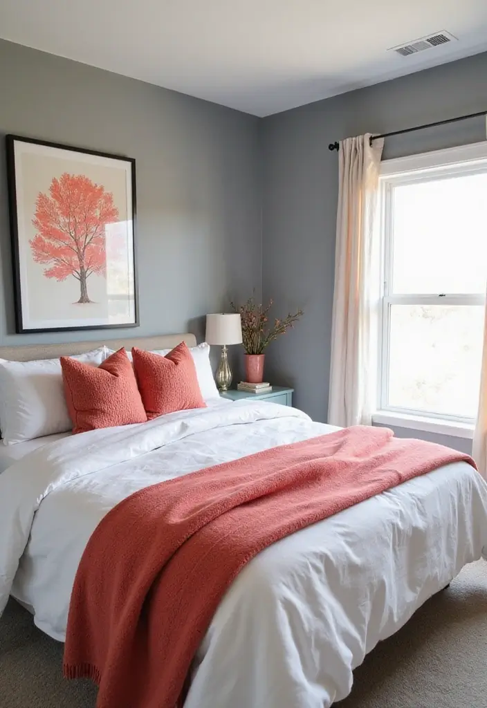 30 Grey Bedroom Ideas with Pop of Color for Modern Homes 9 30 Grey Bedroom Ideas with Pop of Color for Modern Homes - 9. Warm Coral Tones