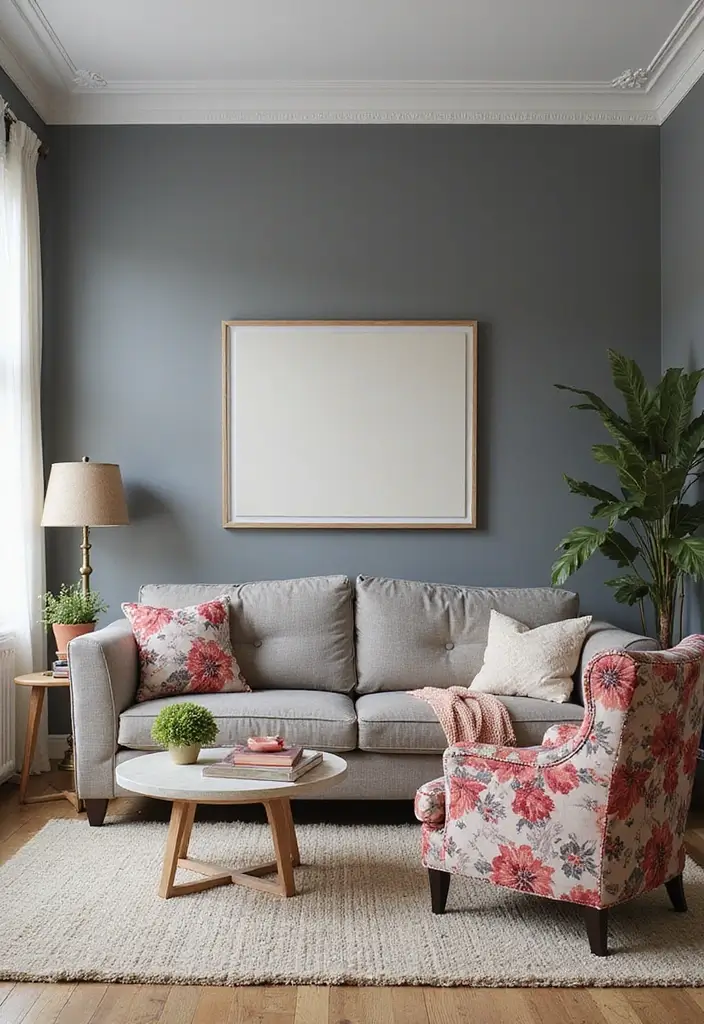 30 Grey Paint Living Room Ideas That Feel Modern & Warm - 12. Grey with Floral Accents