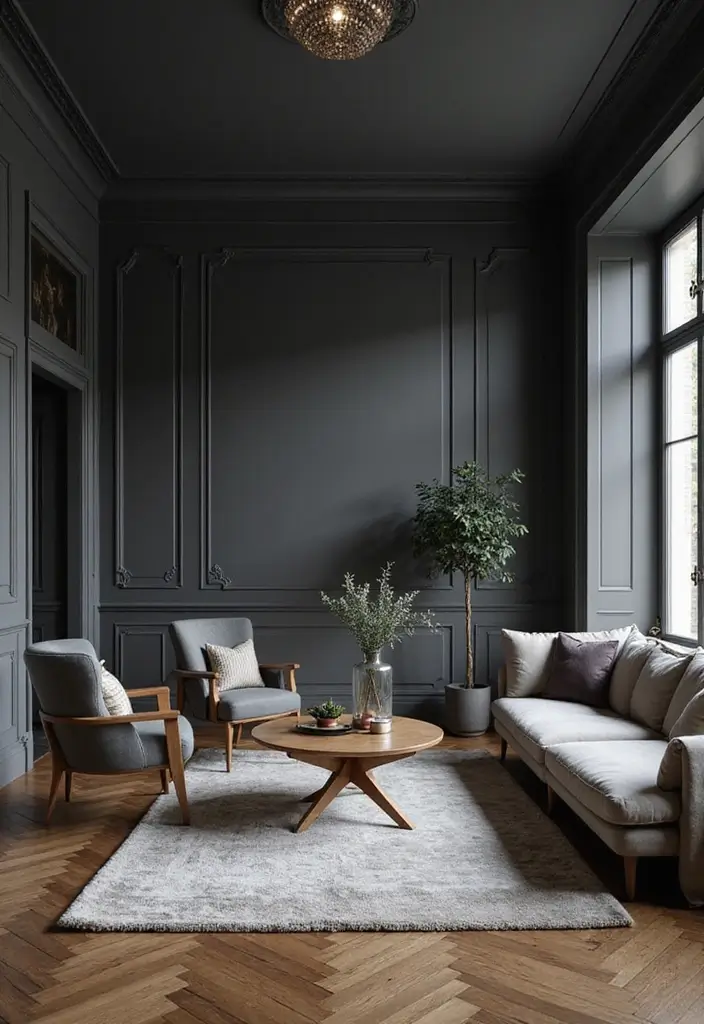 30 Grey Paint Living Room Ideas That Feel Modern & Warm - 15. Elegant Grey with Classic Accents
