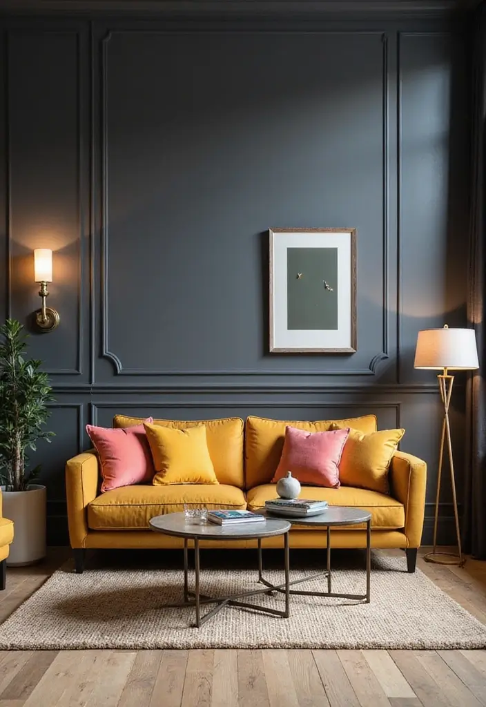 30 Grey Paint Living Room Ideas That Feel Modern & Warm - 2. Charcoal Grey with Bright Accents