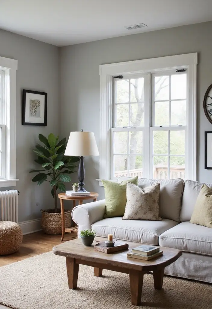 30 Grey Paint Living Room Ideas That Feel Modern & Warm - 20. Grey with a Modern Farmhouse Touch