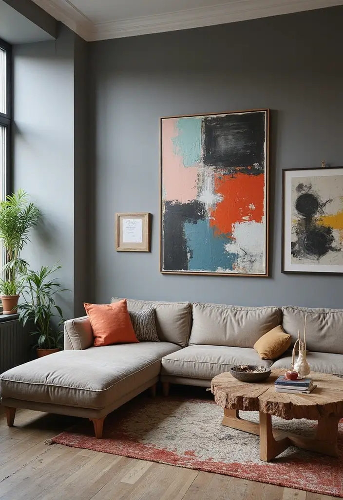 30 Grey Paint Living Room Ideas That Feel Modern & Warm - 23. Grey with an Artistic Flair