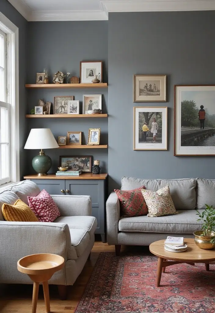 30 Grey Paint Living Room Ideas That Feel Modern & Warm - 24. Grey with a Personal Touch