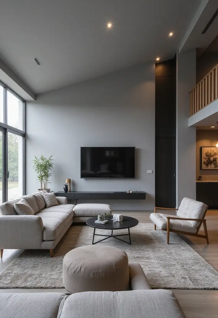 30 Grey Paint Living Room Ideas That Feel Modern & Warm - 25. Grey with Smart Technology
