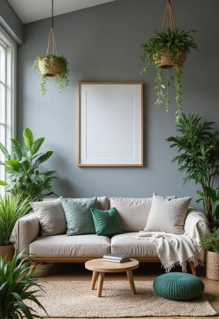 30 Grey Paint Living Room Ideas That Feel Modern & Warm - 26. Grey with Botanical Elements