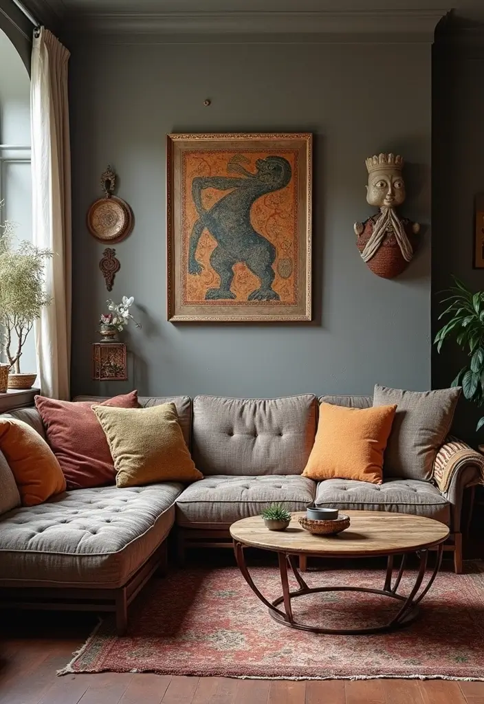 30 Grey Paint Living Room Ideas That Feel Modern & Warm - 27. Grey with Cultural Accents