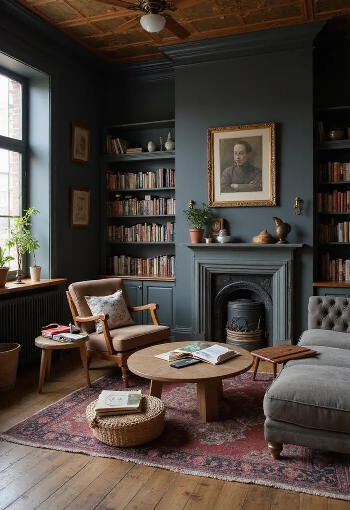 30 Grey Paint Living Room Ideas That Feel Modern & Warm - 28. Grey with a Vintage Library Feel