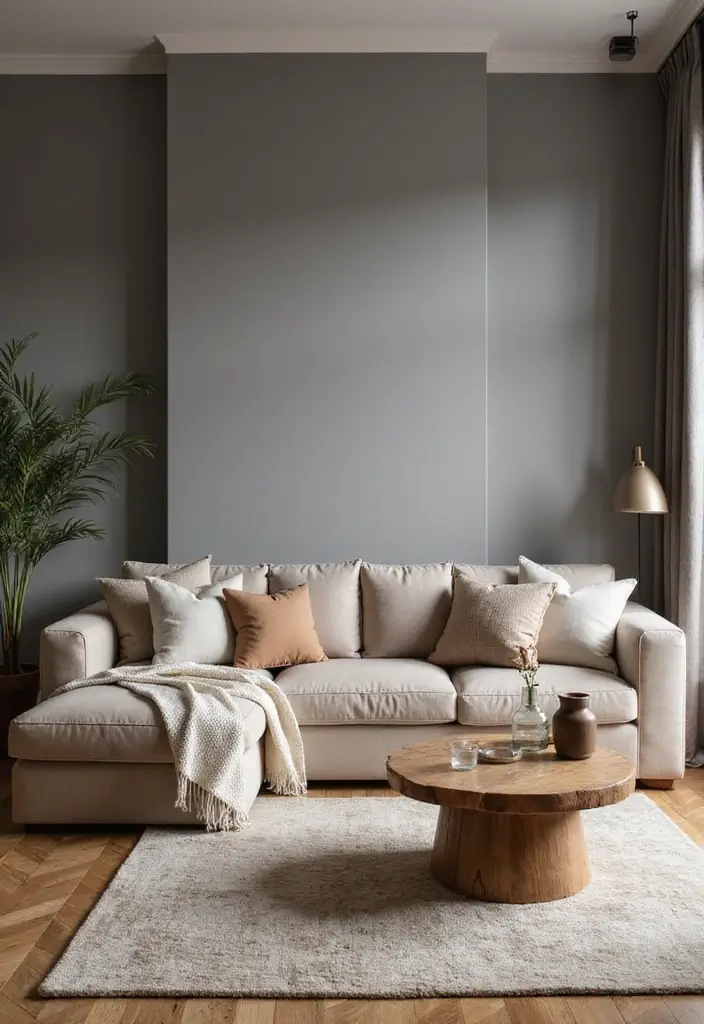 30 Grey Paint Living Room Ideas That Feel Modern & Warm - 4. Warm Grey with Earthy Tones