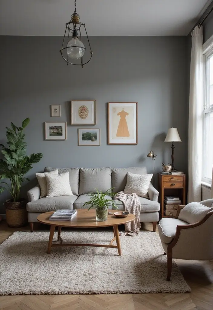 30 Grey Paint Living Room Ideas That Feel Modern & Warm - 6. Grey with Vintage Charm