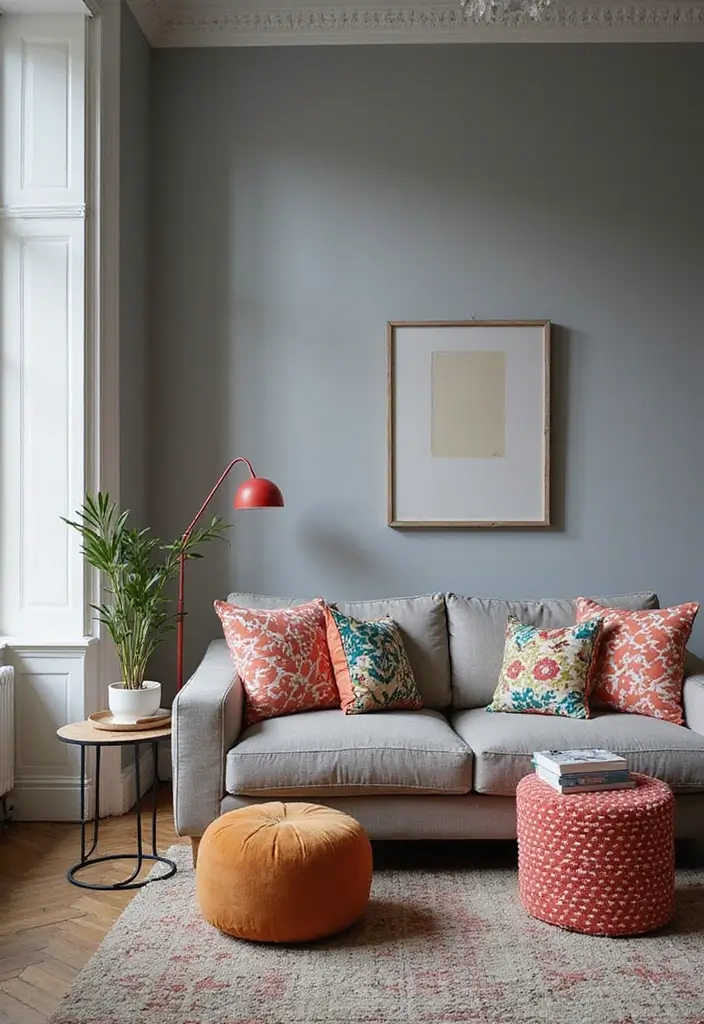 30 Grey Paint Living Room Ideas That Feel Modern & Warm - 7. Grey with Bold Patterns