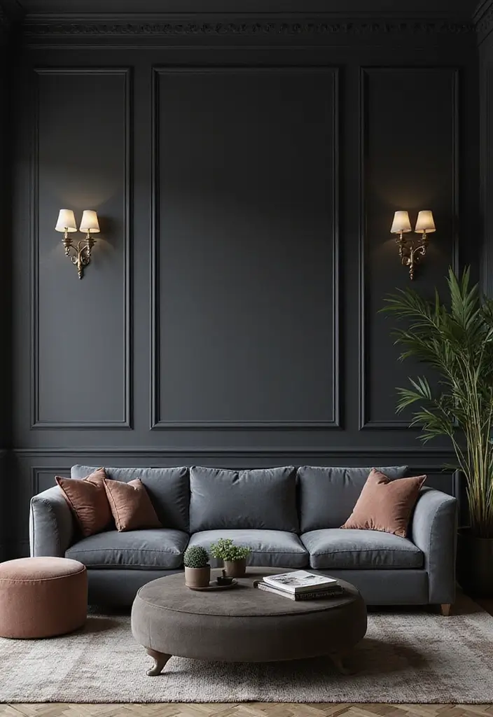 30 Grey Paint Living Room Ideas That Feel Modern & Warm - 9. Dark Grey with Luxurious Fabrics
