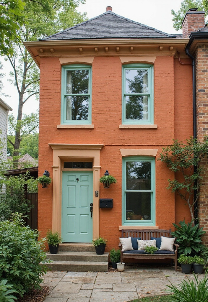 30 Orange Brick Exterior Color Schemes That Look Amazing - 10. Pale Mint and Soft Peach