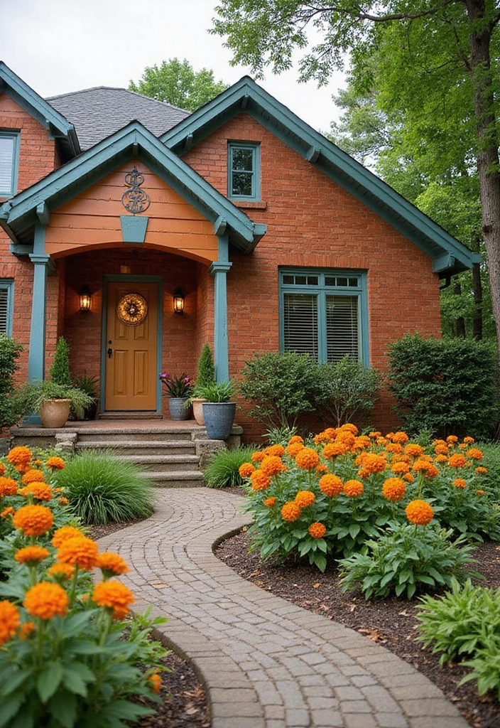 30 Orange Brick Exterior Color Schemes That Look Amazing - 12. Rustic Copper and Aqua