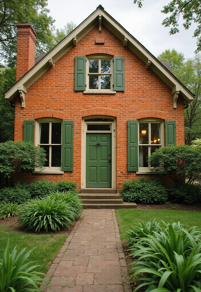 30 Orange Brick Exterior Color Schemes That Look Amazing - 13. Moss Green and Cream