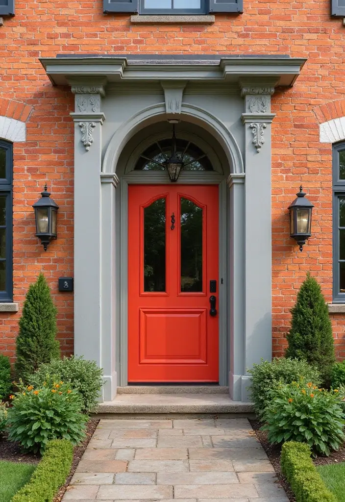 30 Orange Brick Exterior Color Schemes That Look Amazing - 14. Bright Red and Soft Gray