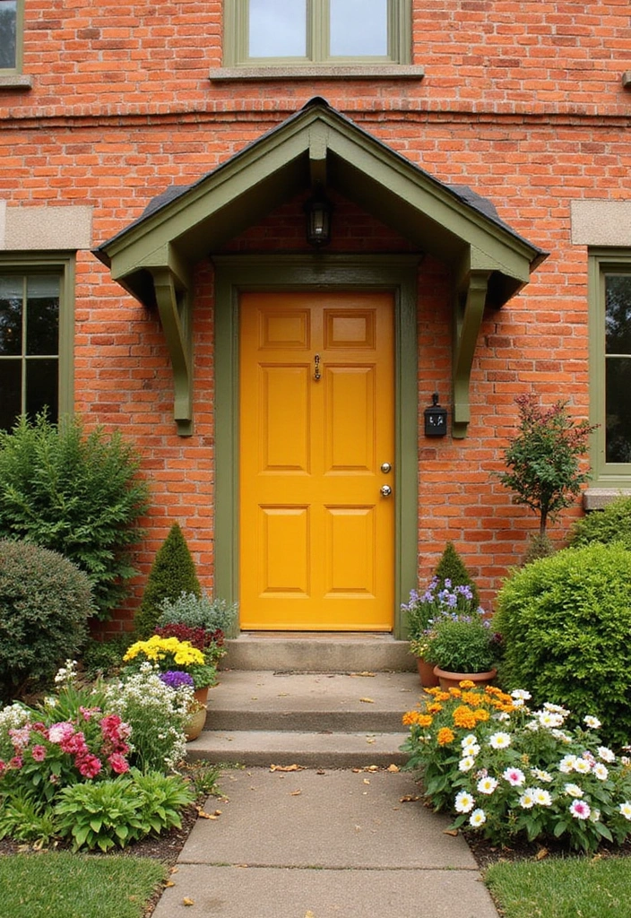 30 Orange Brick Exterior Color Schemes That Look Amazing - 15. Mango Yellow and Olive Green