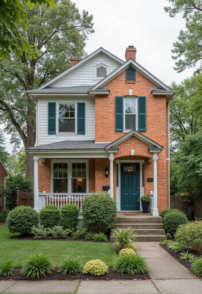 30 Orange Brick Exterior Color Schemes That Look Amazing - 16. Vintage White and Deep Teal