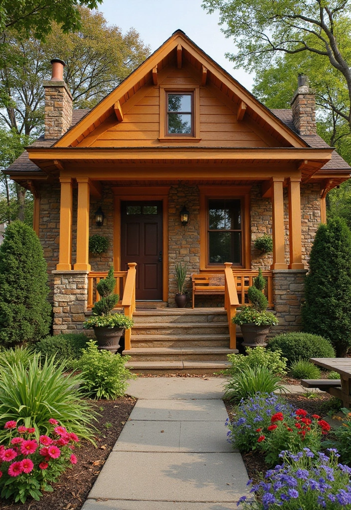 30 Orange Brick Exterior Color Schemes That Look Amazing - 18. Chocolate Brown and Honey Yellow