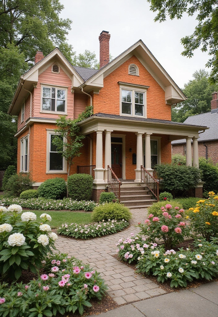 30 Orange Brick Exterior Color Schemes That Look Amazing - 19. Dusty Rose and Cream