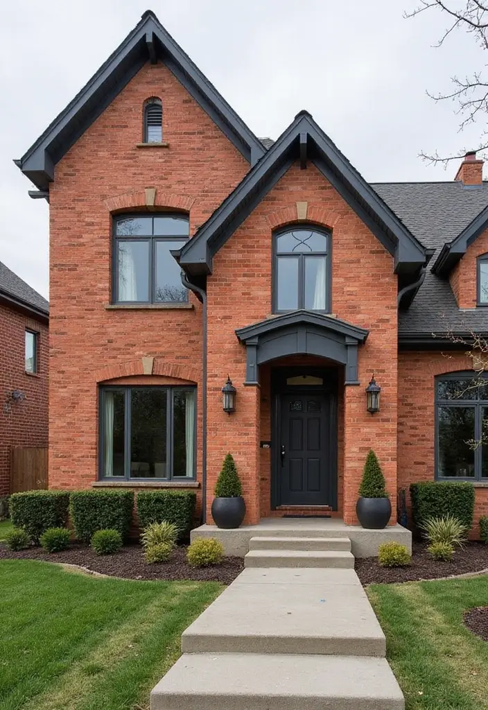 30 Orange Brick Exterior Color Schemes That Look Amazing - 20. Coral and Charcoal Gray