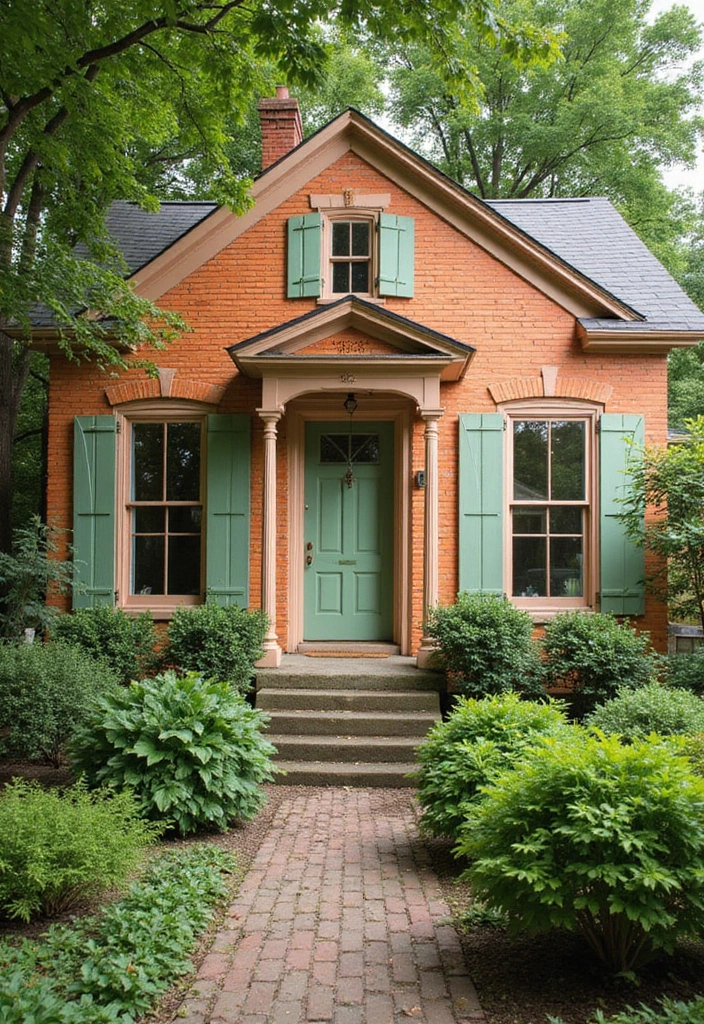 30 Orange Brick Exterior Color Schemes That Look Amazing - 23. Fern Green and Soft Peach