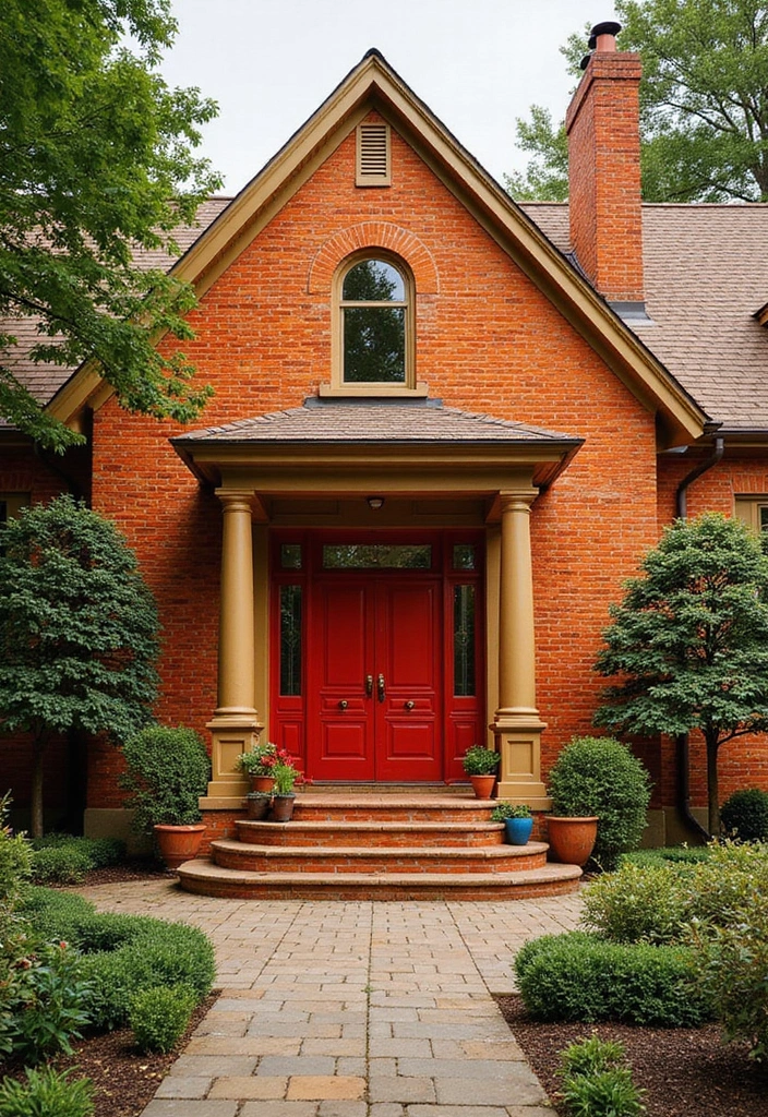 30 Orange Brick Exterior Color Schemes That Look Amazing - 25. Scarlet Red and Gold