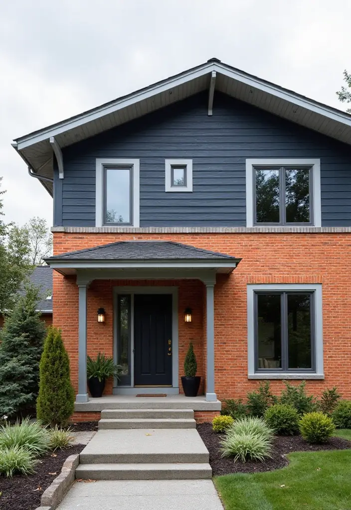 30 Orange Brick Exterior Color Schemes That Look Amazing - 26. Midnight Blue and Silver