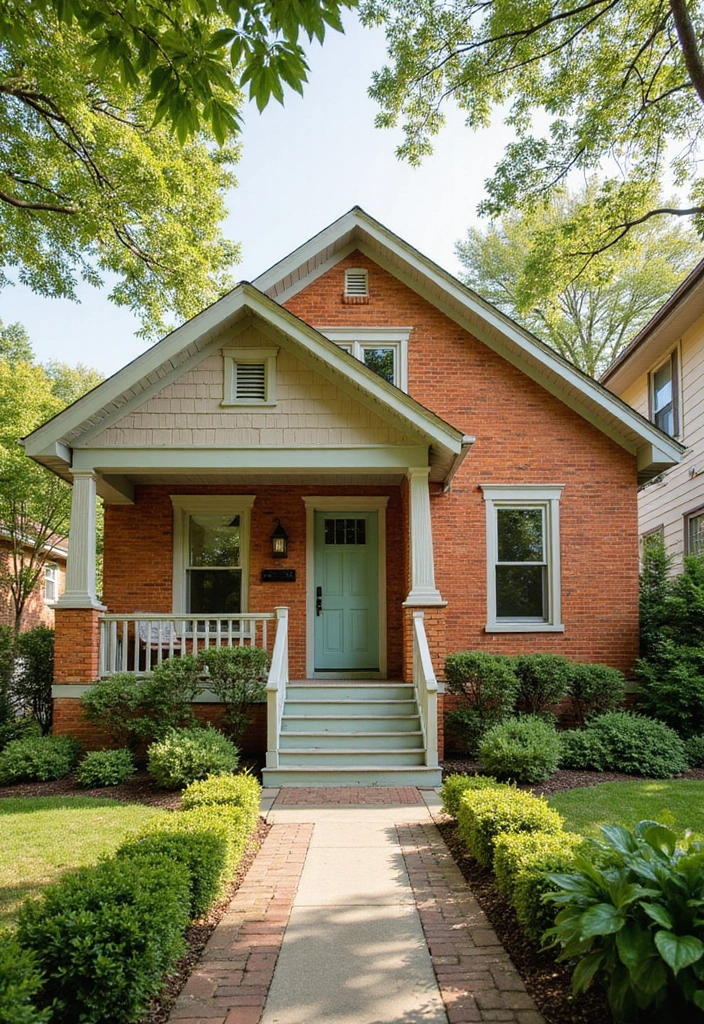 30 Orange Brick Exterior Color Schemes That Look Amazing - 27. Light Taupe and Seafoam Green