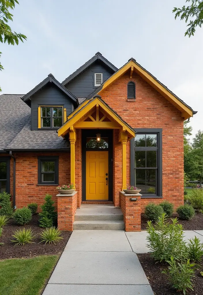 30 Orange Brick Exterior Color Schemes That Look Amazing - 28. Charcoal and Vibrant Yellow