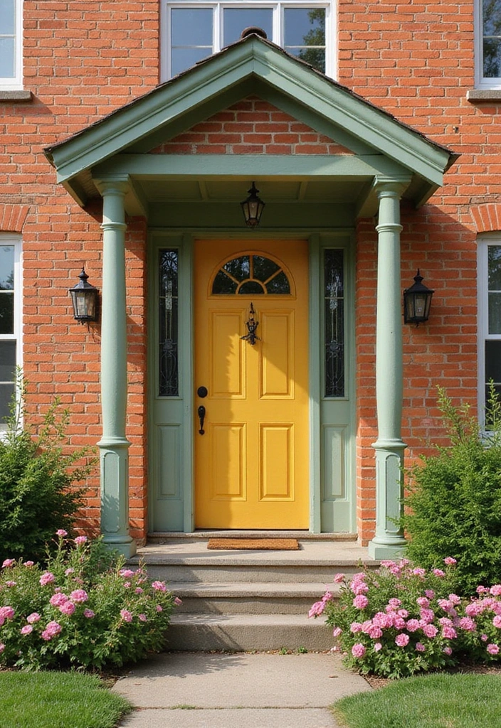 30 Orange Brick Exterior Color Schemes That Look Amazing - 29. Sage Green and Mustard Yellow