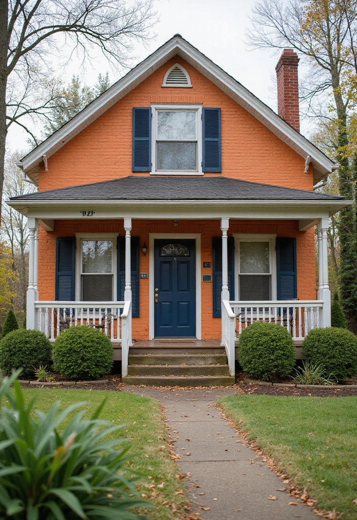 30 Orange Brick Exterior Color Schemes That Look Amazing - 3. Navy Blue and White