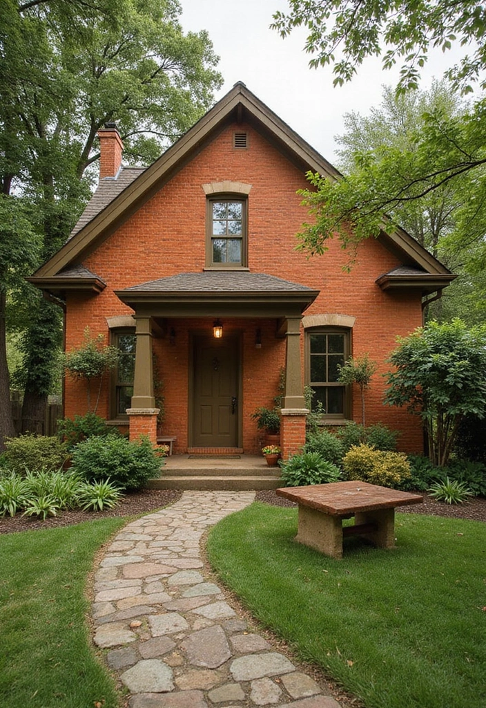 30 Orange Brick Exterior Color Schemes That Look Amazing - 4. Earthy Brown and Olive