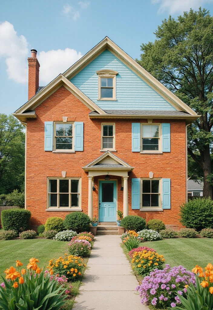 30 Orange Brick Exterior Color Schemes That Look Amazing - 5. Soft Blue and Pale Yellow