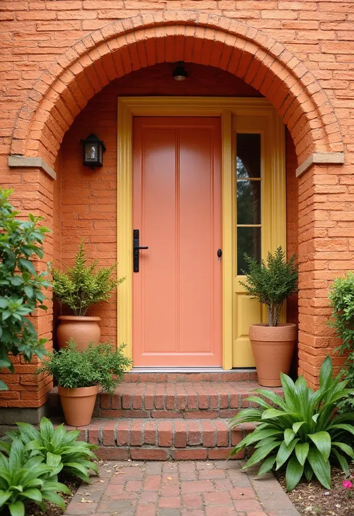30 Orange Brick Exterior Color Schemes That Look Amazing - 7. Light Coral and Golden Yellow