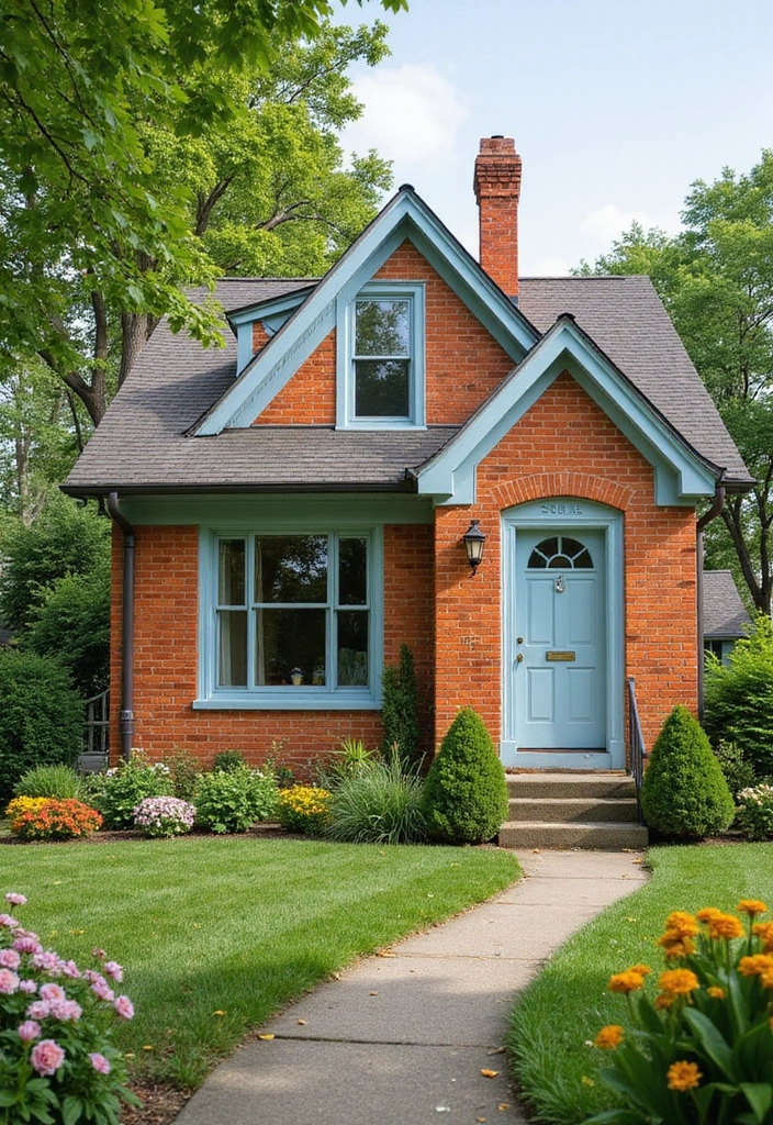 30 Orange Brick Exterior Color Schemes That Look Amazing - 8. Ice Blue and Slate