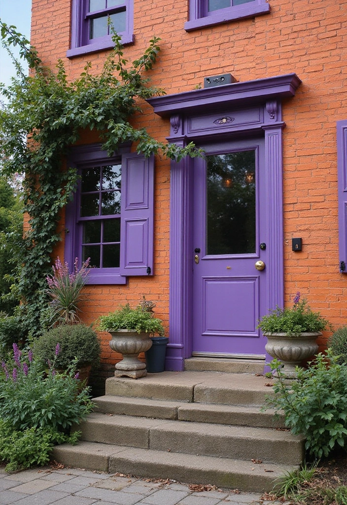 30 Orange Brick Exterior Color Schemes That Look Amazing - 9. Lavender and Deep Purple