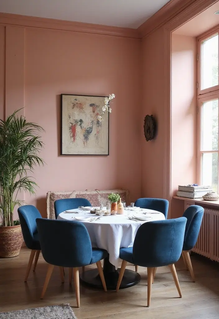 30 Pink Contrast Color Combinations for Modern Interiors 28 30 Pink Contrast Color Combinations for Modern Interiors - 28. Peachy Pink & Indigo