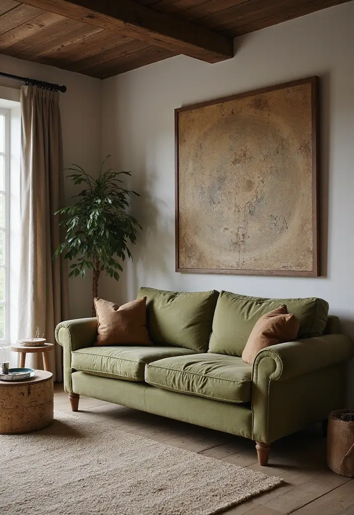 30 Stylish Living Room Sofa Color Ideas for Modern Homes - 19. Distressed Olive Green