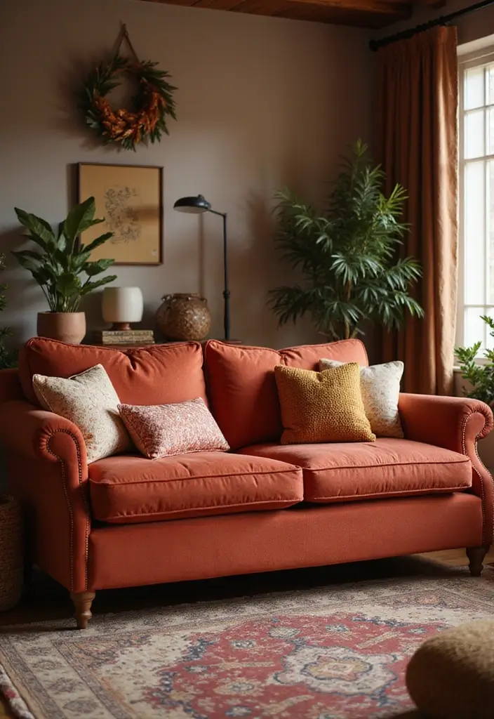 30 Stylish Living Room Sofa Color Ideas for Modern Homes - 30. Warm Brick Red