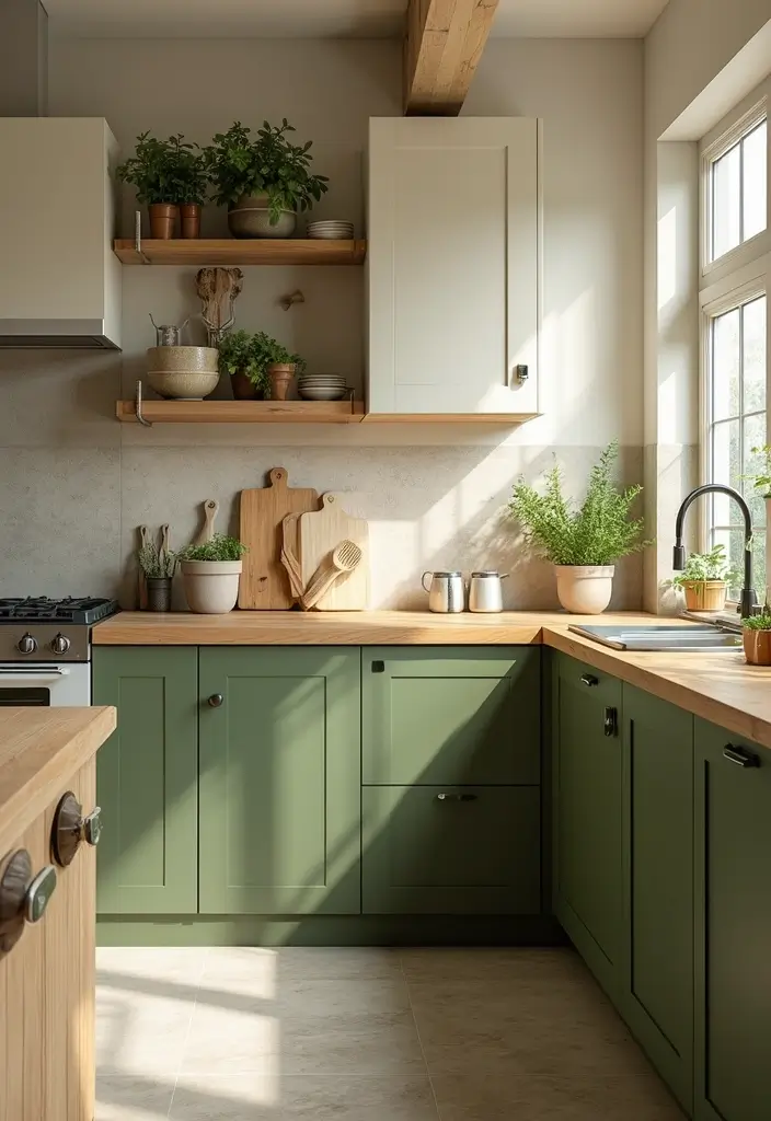 30 Trendy Two Color Kitchen Cabinets for Modern Homes - 10. Olive Green and Off-White