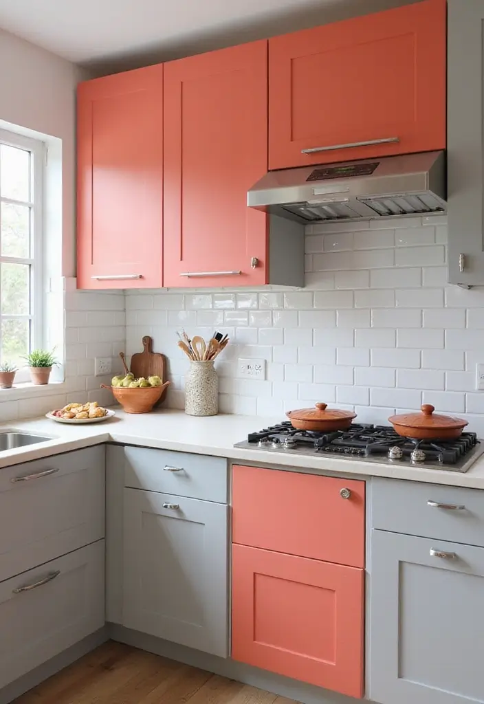 30 Trendy Two Color Kitchen Cabinets for Modern Homes - 11. Coral and Light Gray